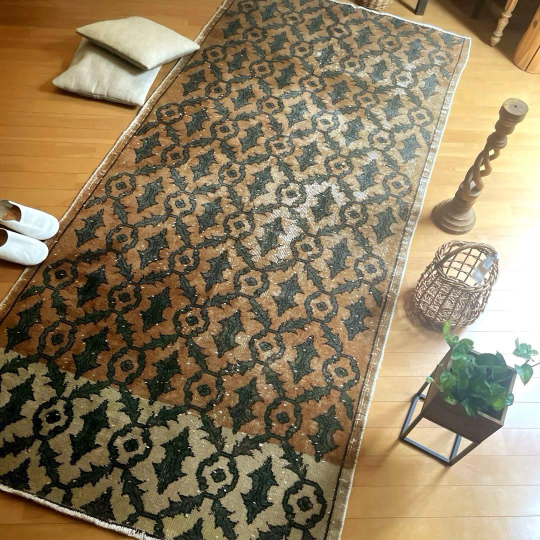 レア大判112×243 ボタニカル　ブラウン×グリーン　トルコヴィンテージラグ