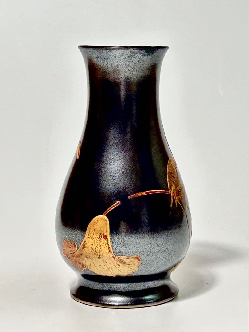明治の名工 加藤五輔 錆釉蓮雀文小花瓶 瀬戸黒 美濃焼 瀬戸焼
