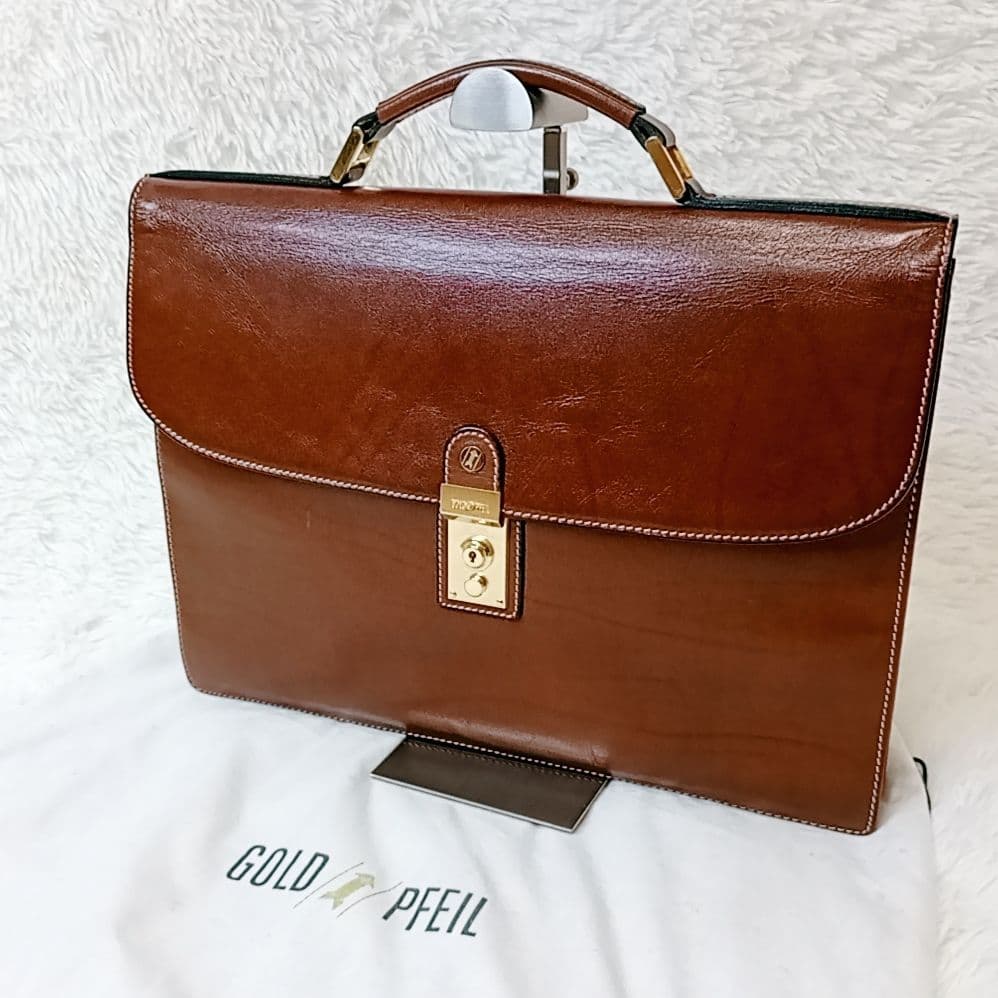 【美品】ゴールドファイル ブリーフケース オールレザー ブラウン ビジネスバッグ