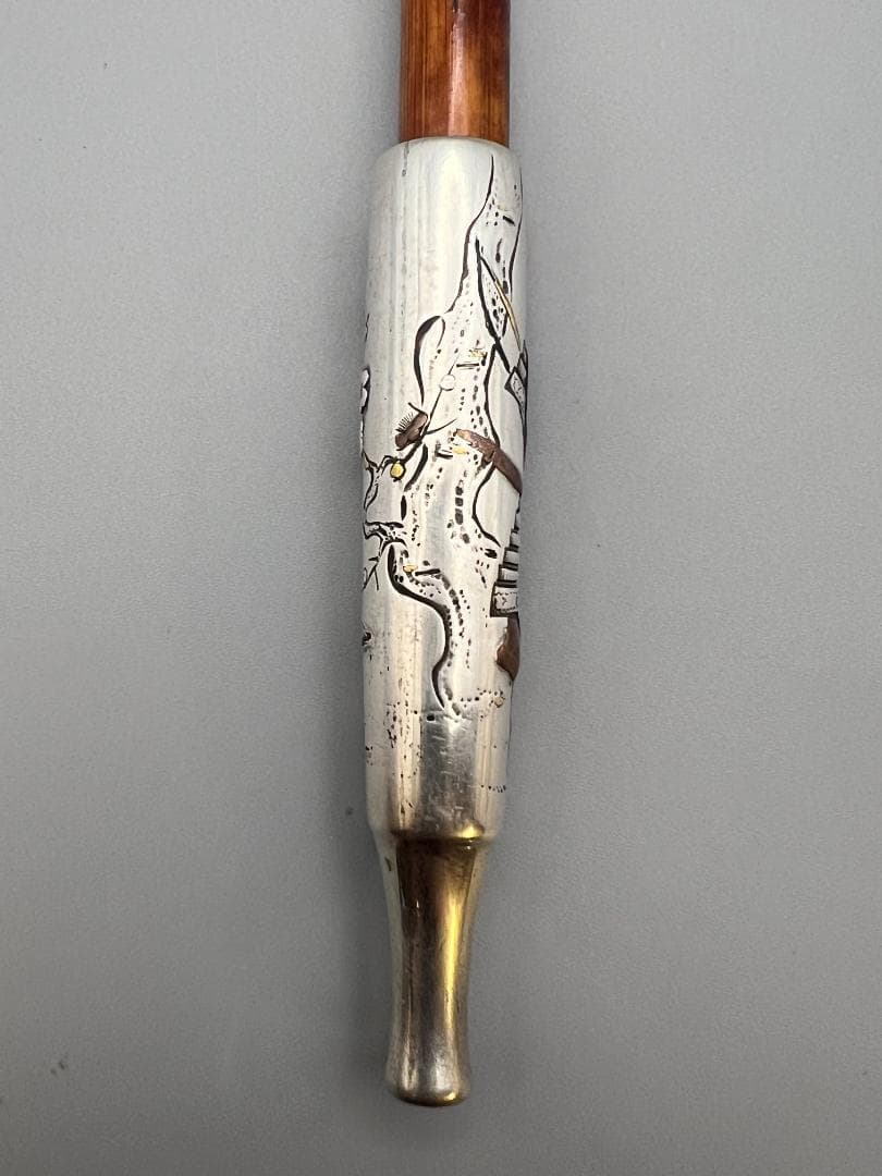 eee”即購入ok 銀煙管　武士梅図　金赤銅象嵌　キセル　銀細工　アンティ
