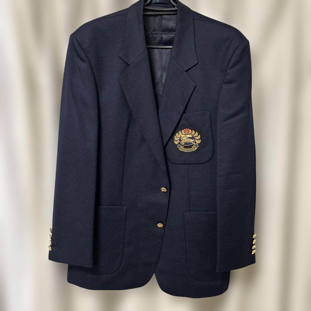 90s Burberryテーラードジャケット　エンブレム刺繍　金ボタン　紺ブレ