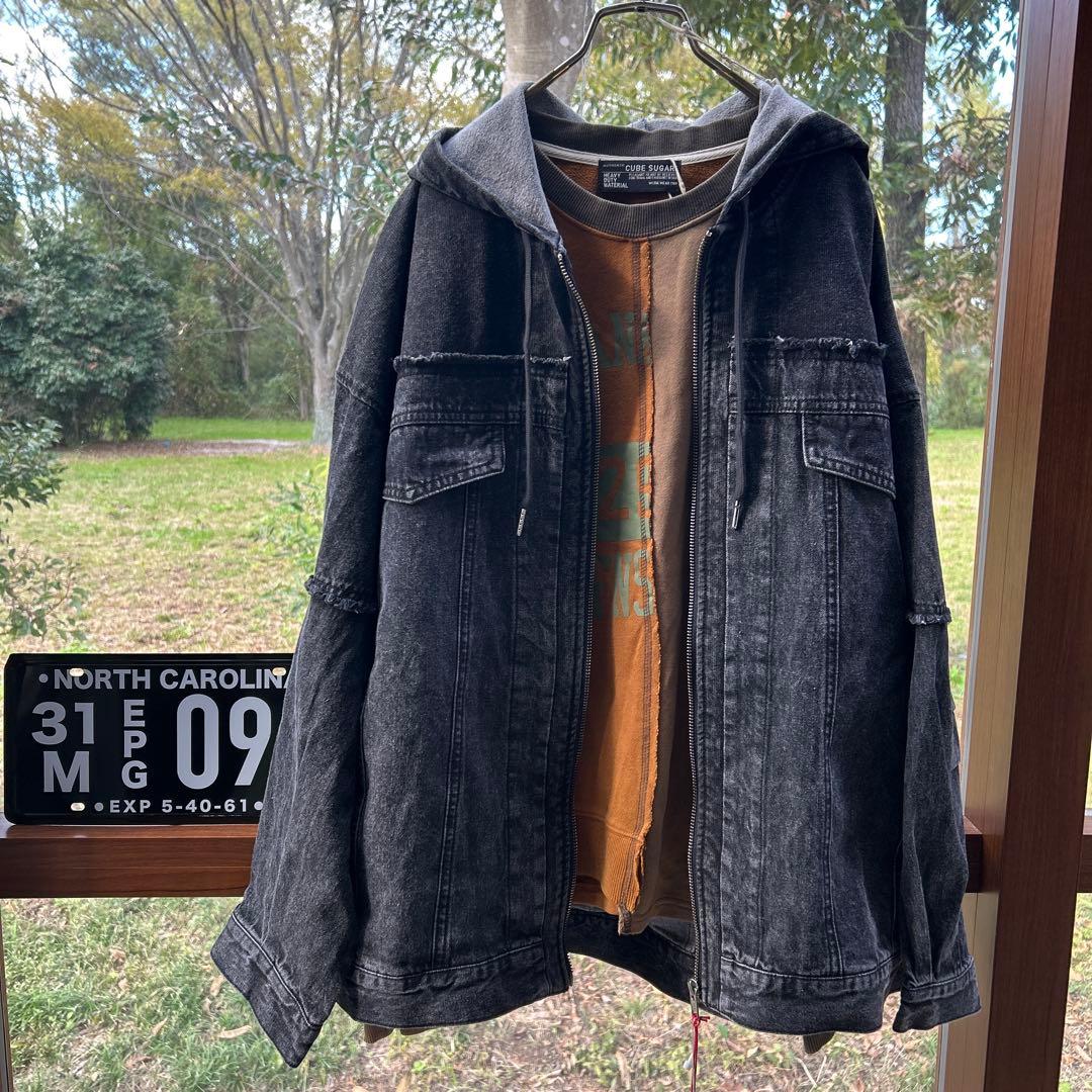 ケミカルデニム裏毛フーディーパーカー GLAY