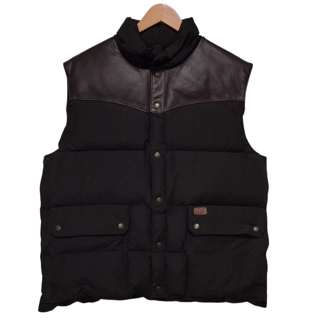 90s POLO ラルフローレン　ビンテージレザーヨークダウンベスト　ロゴ　黒色
