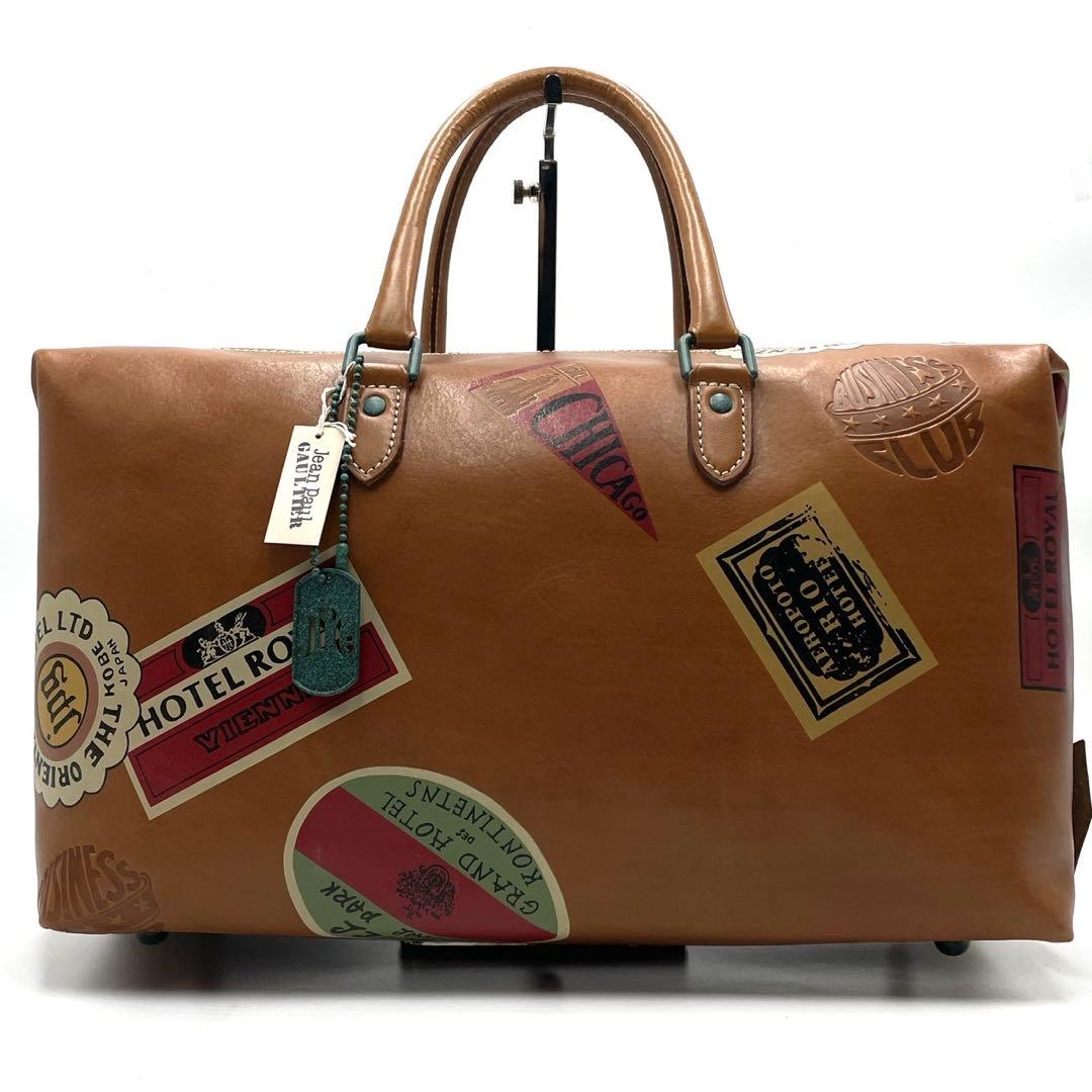 極美品● ジャンポールゴルチエ ボストンバッグ プリント ブラウン レザー