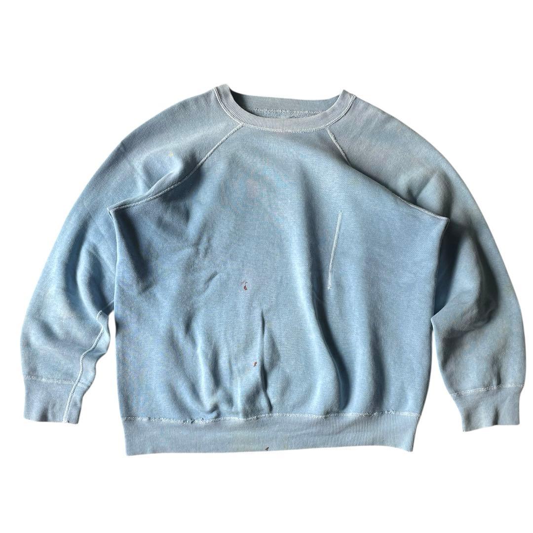 60s ヴィンテージ スウェット 無地 水色 ラグラン 4本針 XLフェード