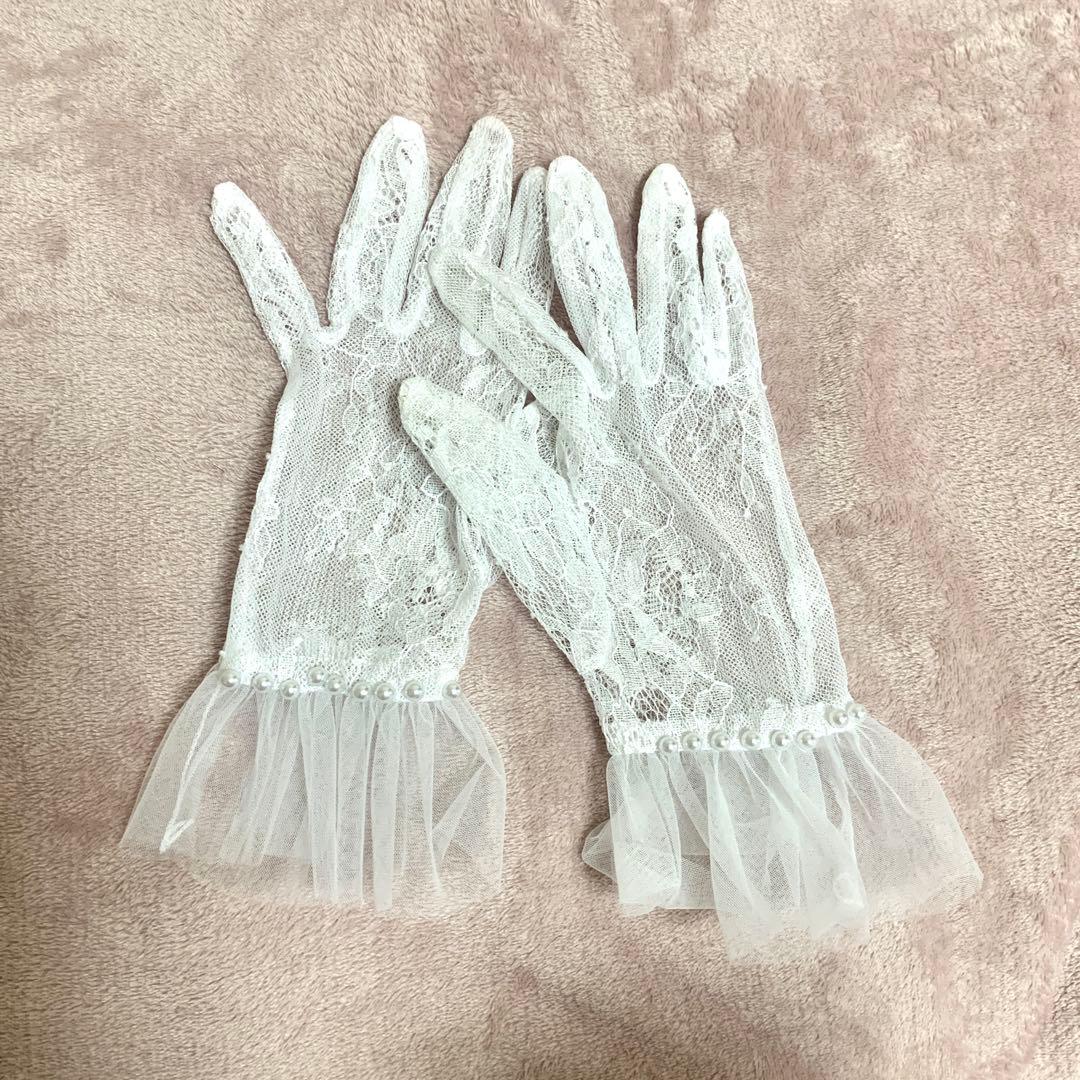 ホワイトレース浴衣・帯ベルト、パールベルト、半衿、レースグローブセット