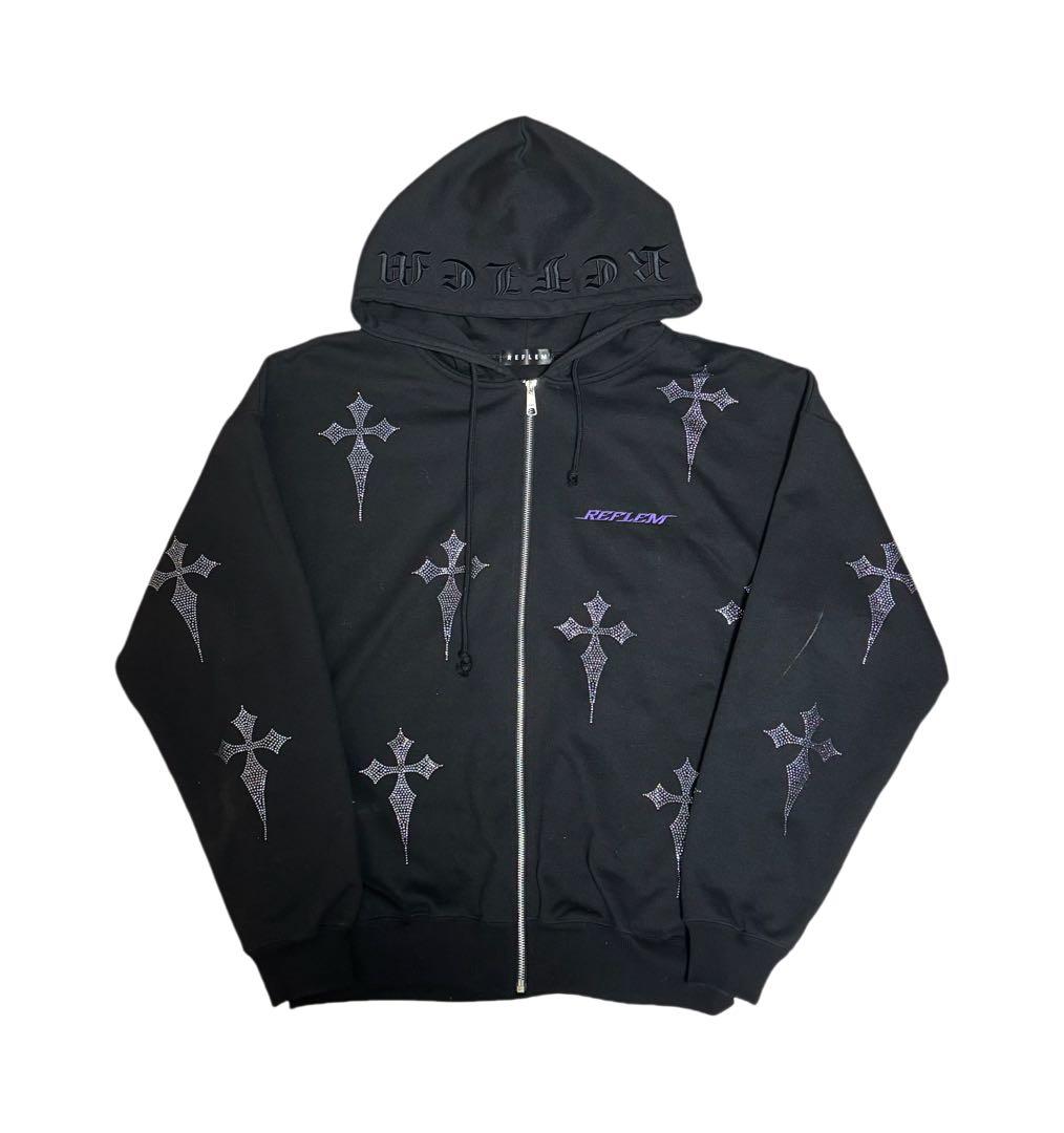 REFLEM レフレム クロス総柄 ラインストーン 十字架 パーカー 黒×紫