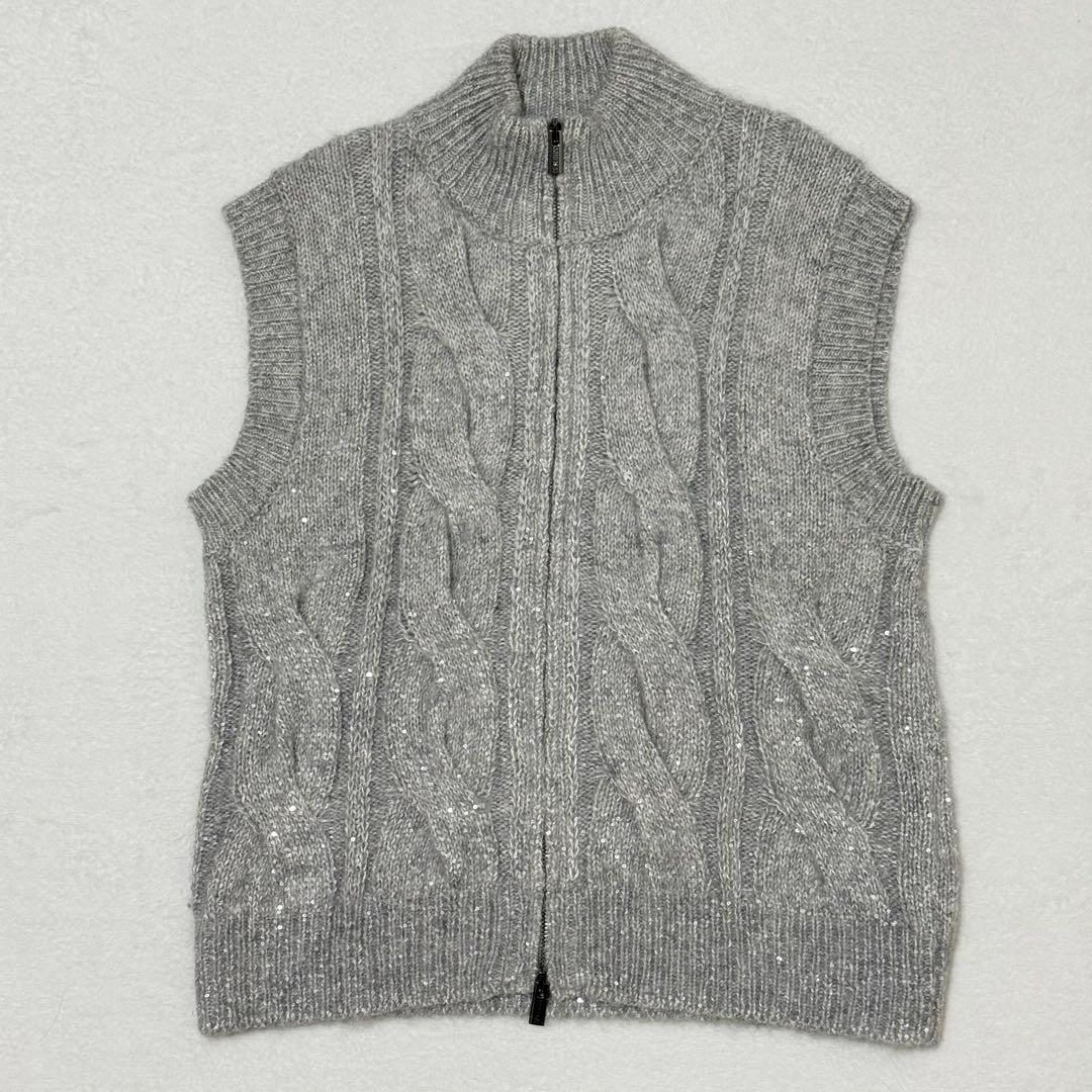 【PESERICO】現行定価16万　ジップベストニット　ラメ糸混　ケーブル　40