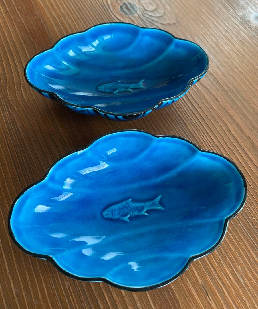 【値下げ】幸兵衛窯 青釉魚文鉢(若鮎) ４枚セット ペルシャブルー 加藤卓男