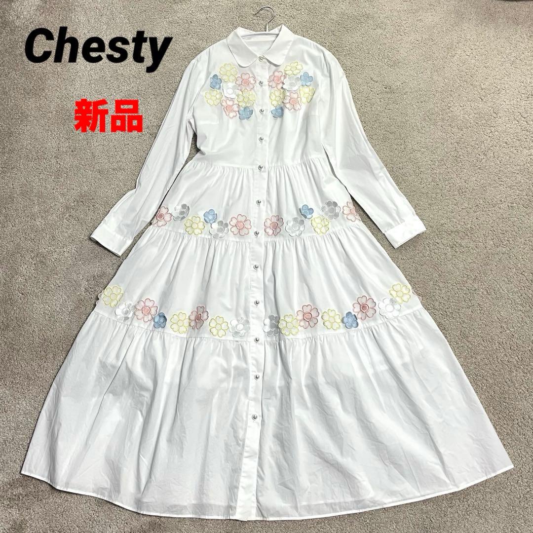 新品タグ付 千葉由佳✕Chesty フラワーレースシャツワンピース 白　サイズ1