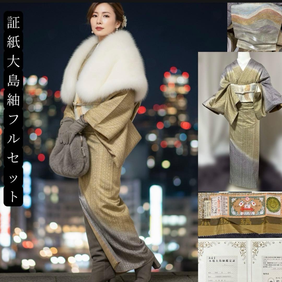 未使用近い　美品　袷　正絹　本場大島紬　フルセット　西陣綴れ織り袋帯