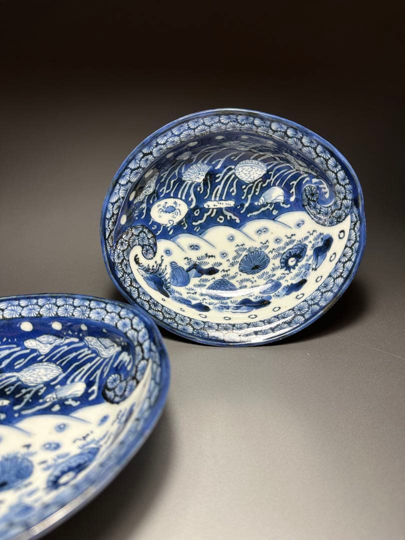 古伊万里　貝尽くし紋様　変形皿　2枚セット　染付皿