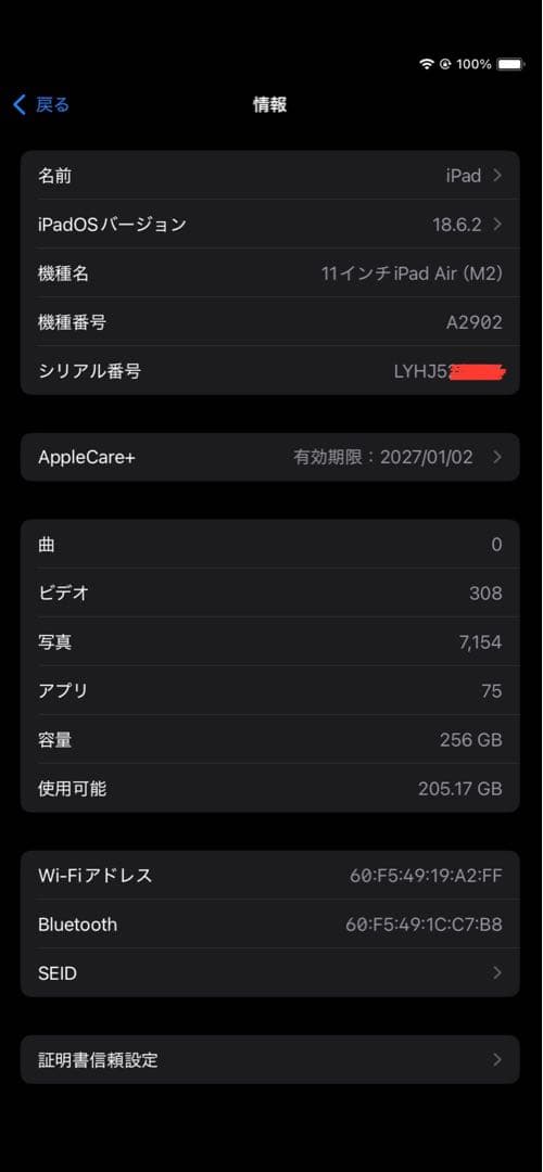 アップルケア付　iPad Air M2 256GB 11インチ　ブルー　WIFI