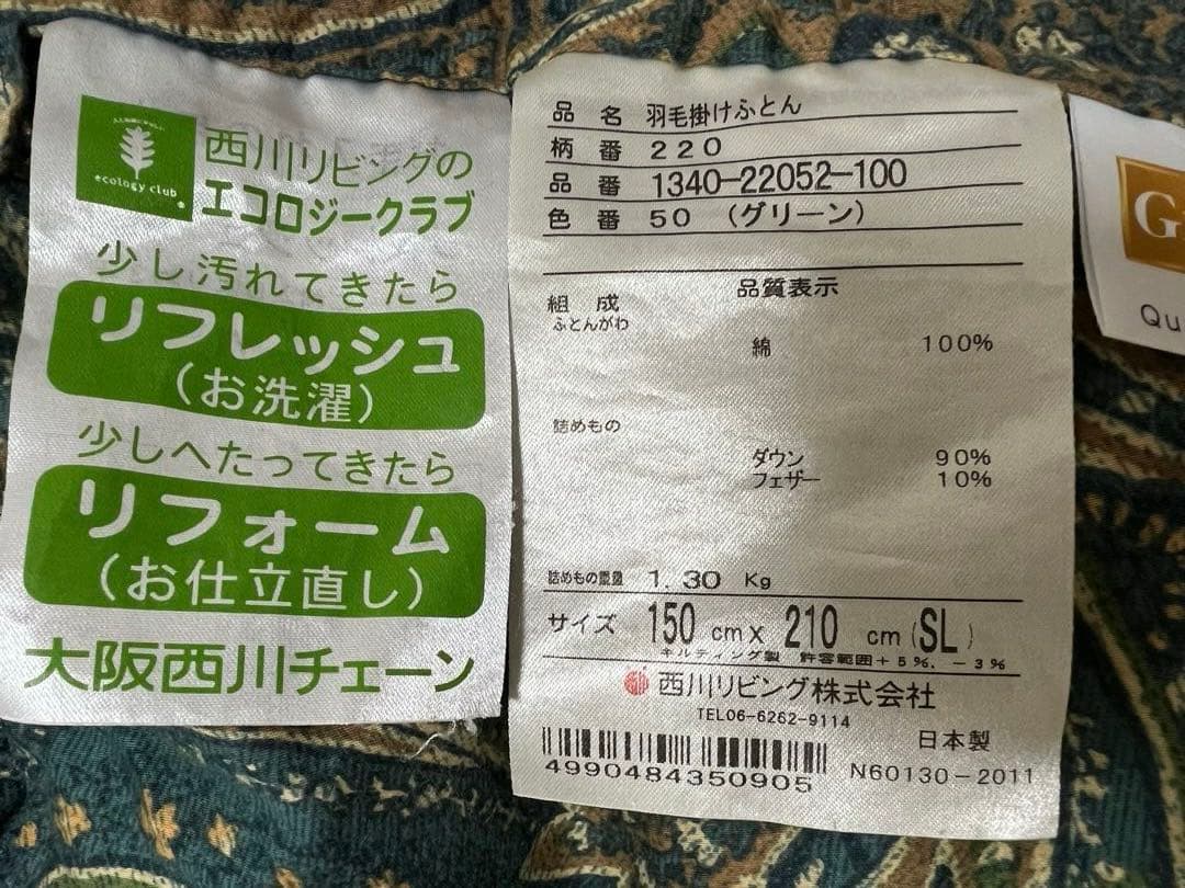 大阪西川/西川リビング　ダウン90%羽毛掛け布団 150x210cm