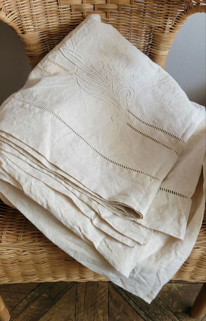 アンティーク リネン シーツ モノグラム刺繍布 ハシゴ刺繍 フレンチ