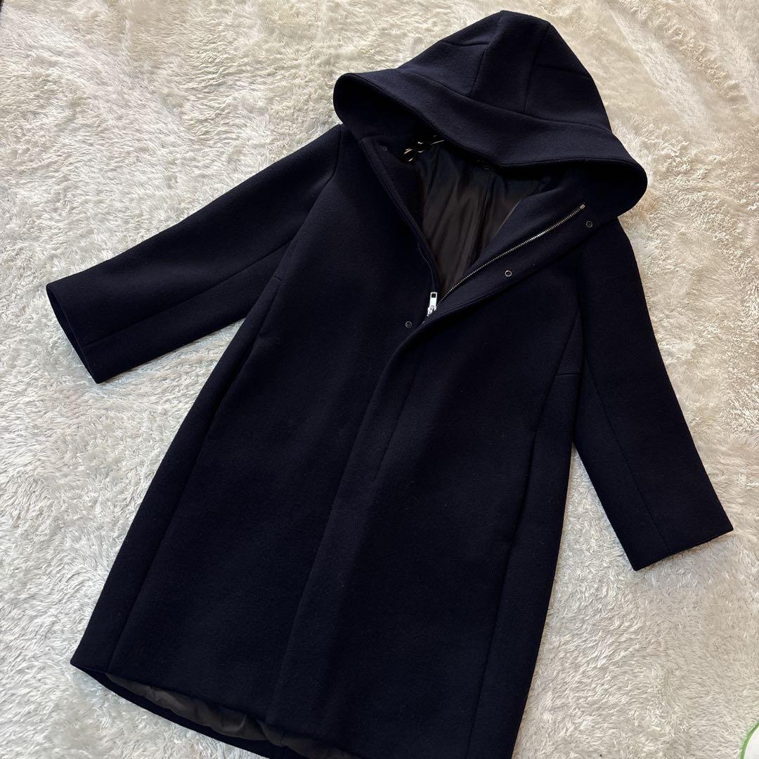 トゥモローランドマカフィー 定価3.9万 圧縮ウール フーデッドロングコート紺