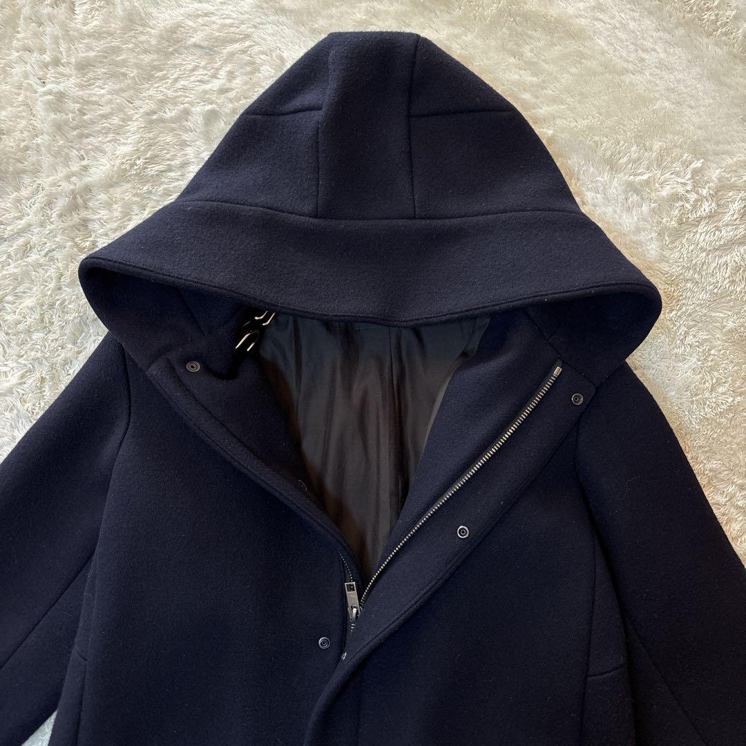 トゥモローランドマカフィー 定価3.9万 圧縮ウール フーデッドロングコート紺
