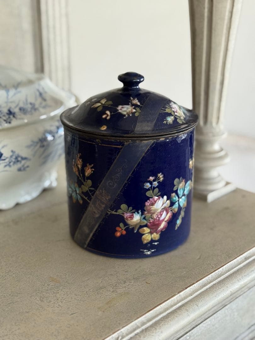 フランスアンティークレアなネイビーのお花柄cafeキャニスター蓋付き容器