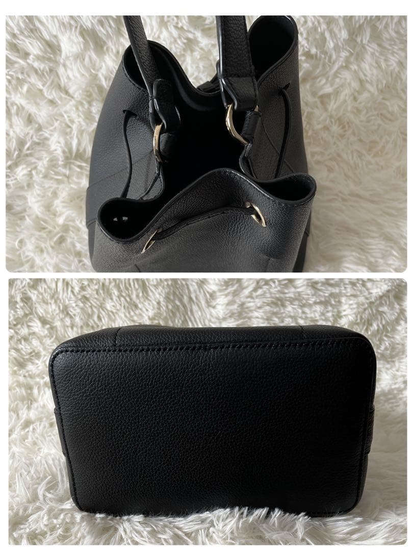 未使用級✨フルラ コスタンザ 巾着バッグ ショルダーストラップ付き レザー 黒