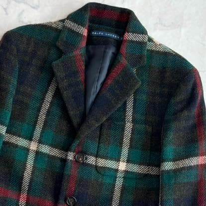 ラルフローレン テーラードジャケット アルパカウール チェック 緑赤 te3