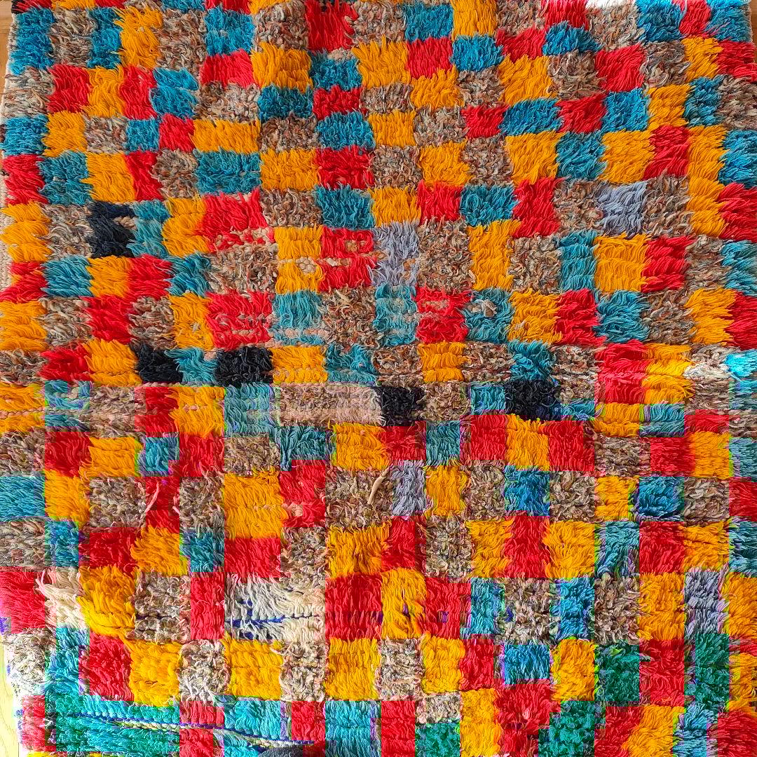 ヴィンテージ モロッコ製 カラフルチェックラグ