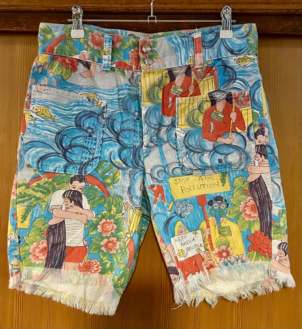60〜70'sヴィンテージ　メッセージプリントファブリック　カットオフパンツ
