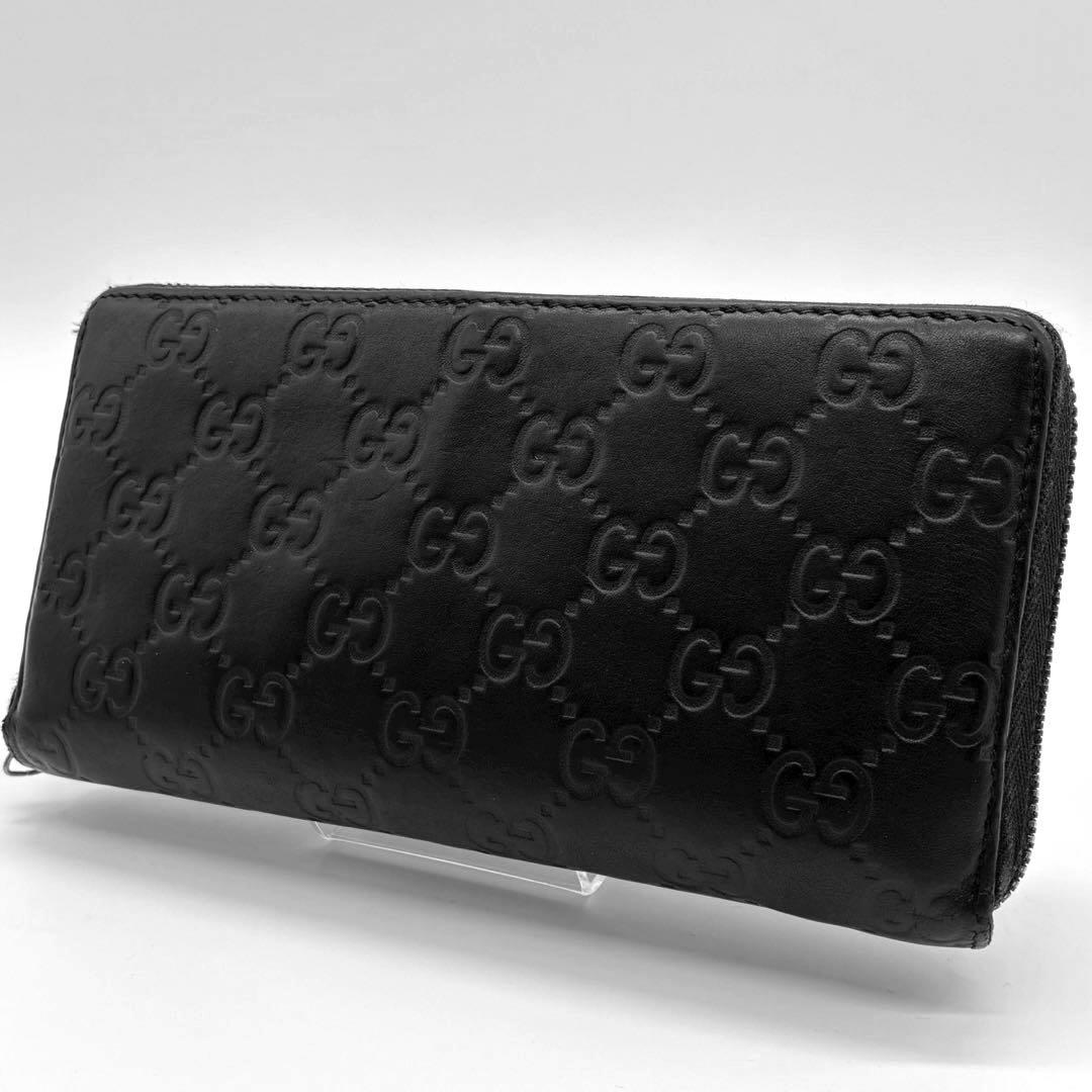 GUCCI グッチ　GGエンブレム　グッチシマ　ブラック　ラウンドジップ　長財布