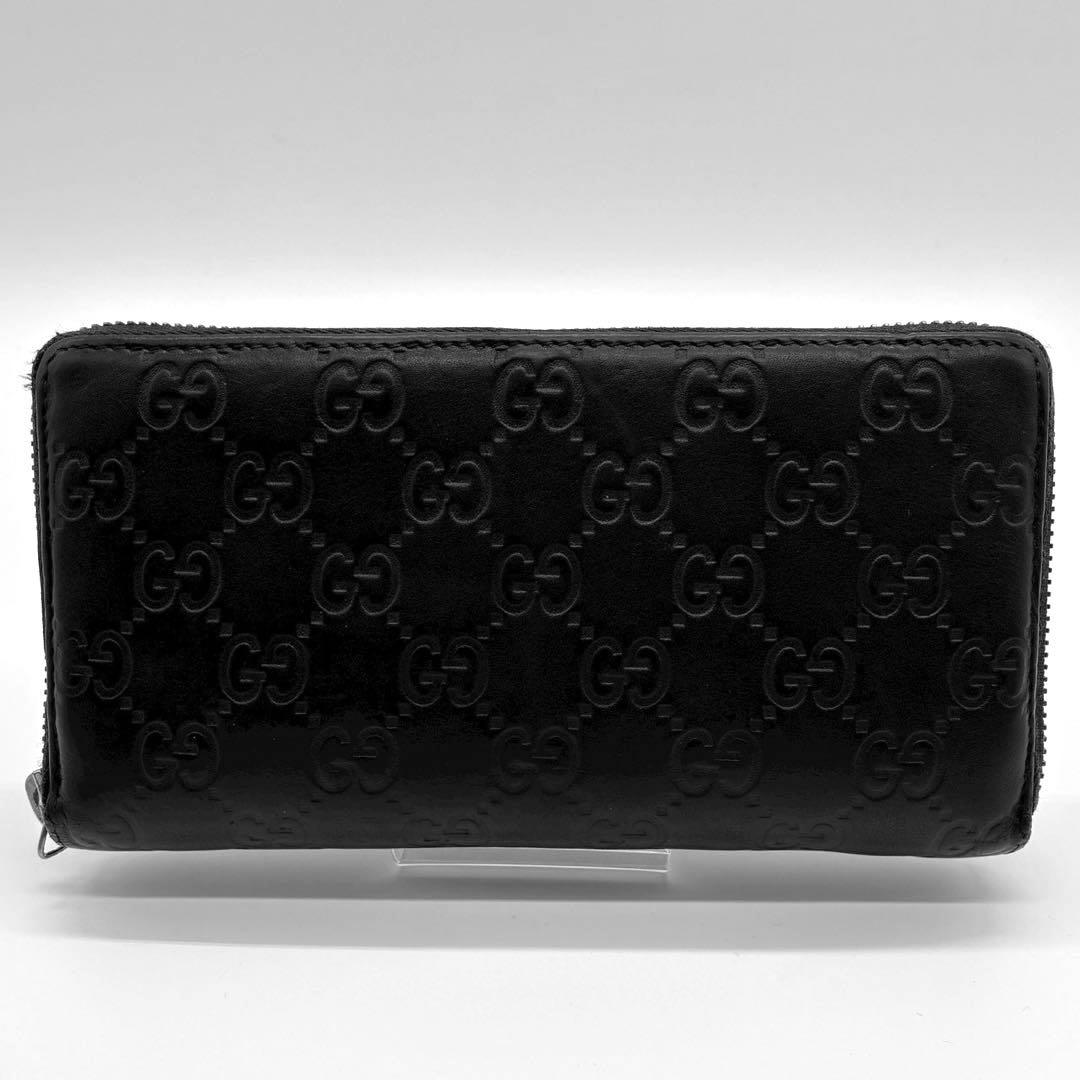 GUCCI グッチ　GGエンブレム　グッチシマ　ブラック　ラウンドジップ　長財布
