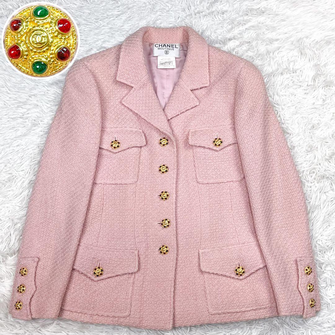 CHANEL 96A グリポアボタン ツイードジャケット チェーン アルパカ