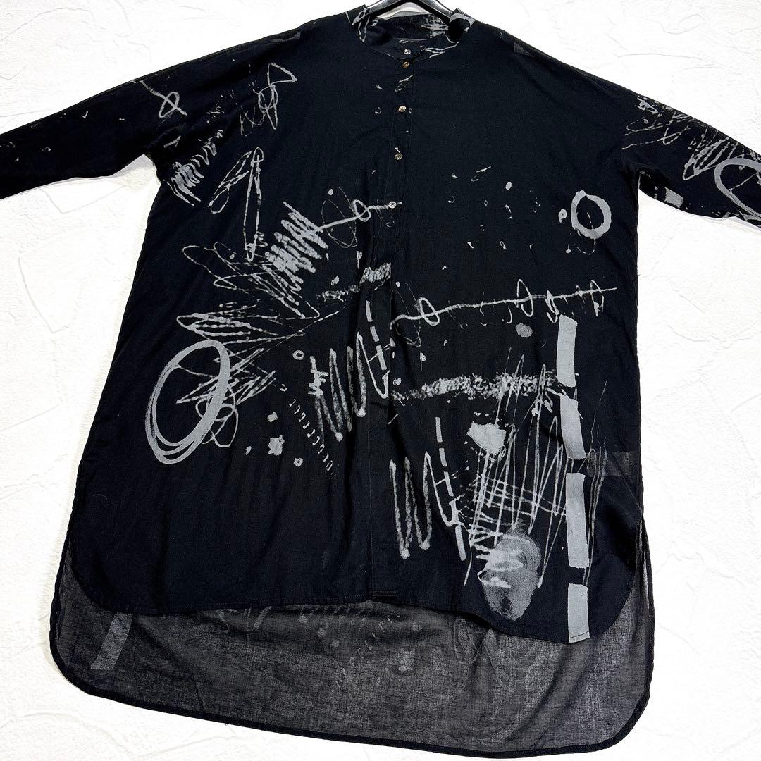 美品✨モユル　センソユニコ　シャツワンピース　アート　総柄　バンドカラー　前開き