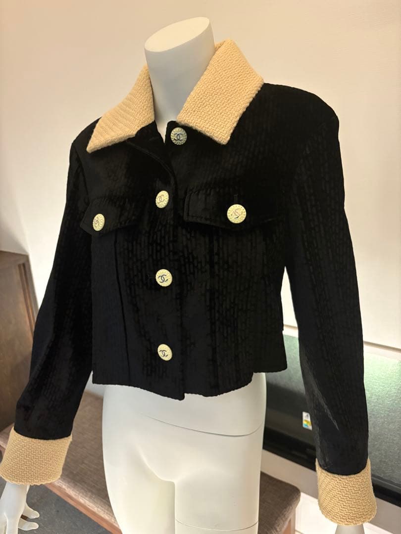 22ＢシャネルＣＨＡＮＥＬベロアジャケット黒クリーム34（Ｓサイズ）Ｐ73311