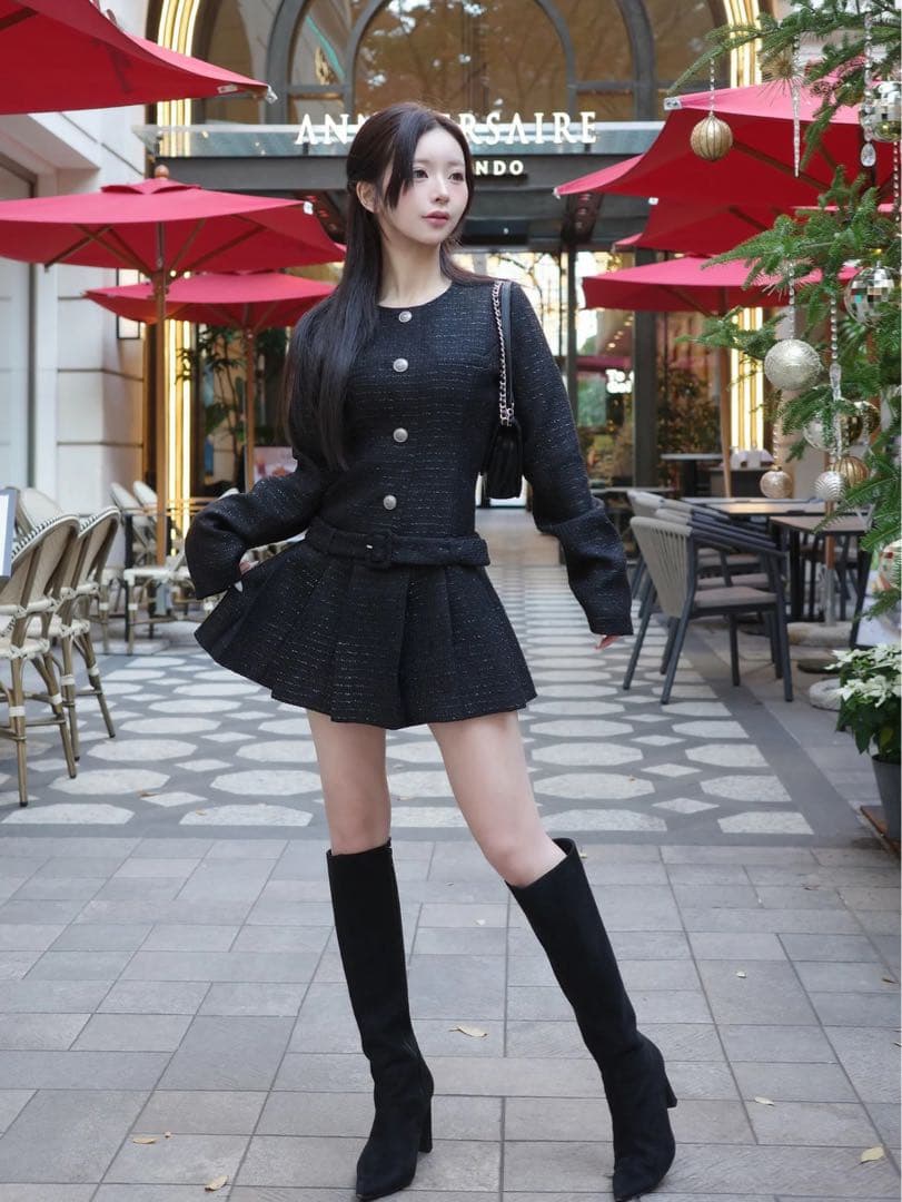 Darich ダーリッチ ボックスプリーツツイードミニワンピース ブラック