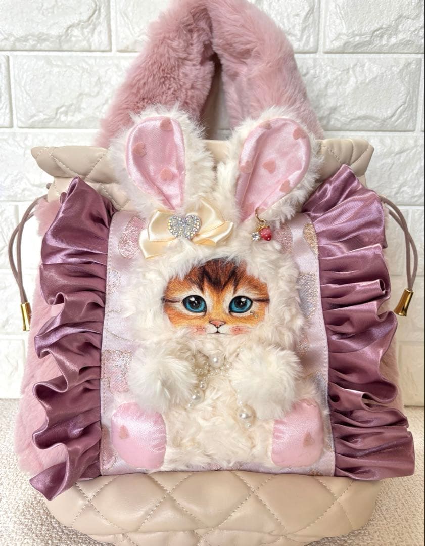 黒*こ様 コヤンイサムチョン　丸底巾着ファーバッグ　ピンク　白うさちゃん