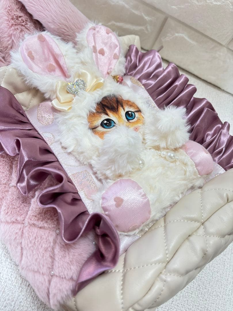 黒*こ様 コヤンイサムチョン　丸底巾着ファーバッグ　ピンク　白うさちゃん