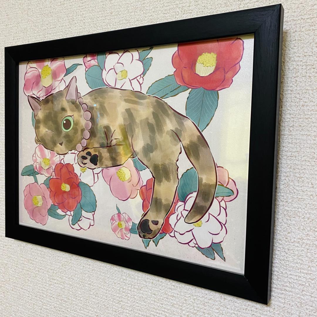 【絵画】『サビ猫と椿』ねこイラストレーターあきみ