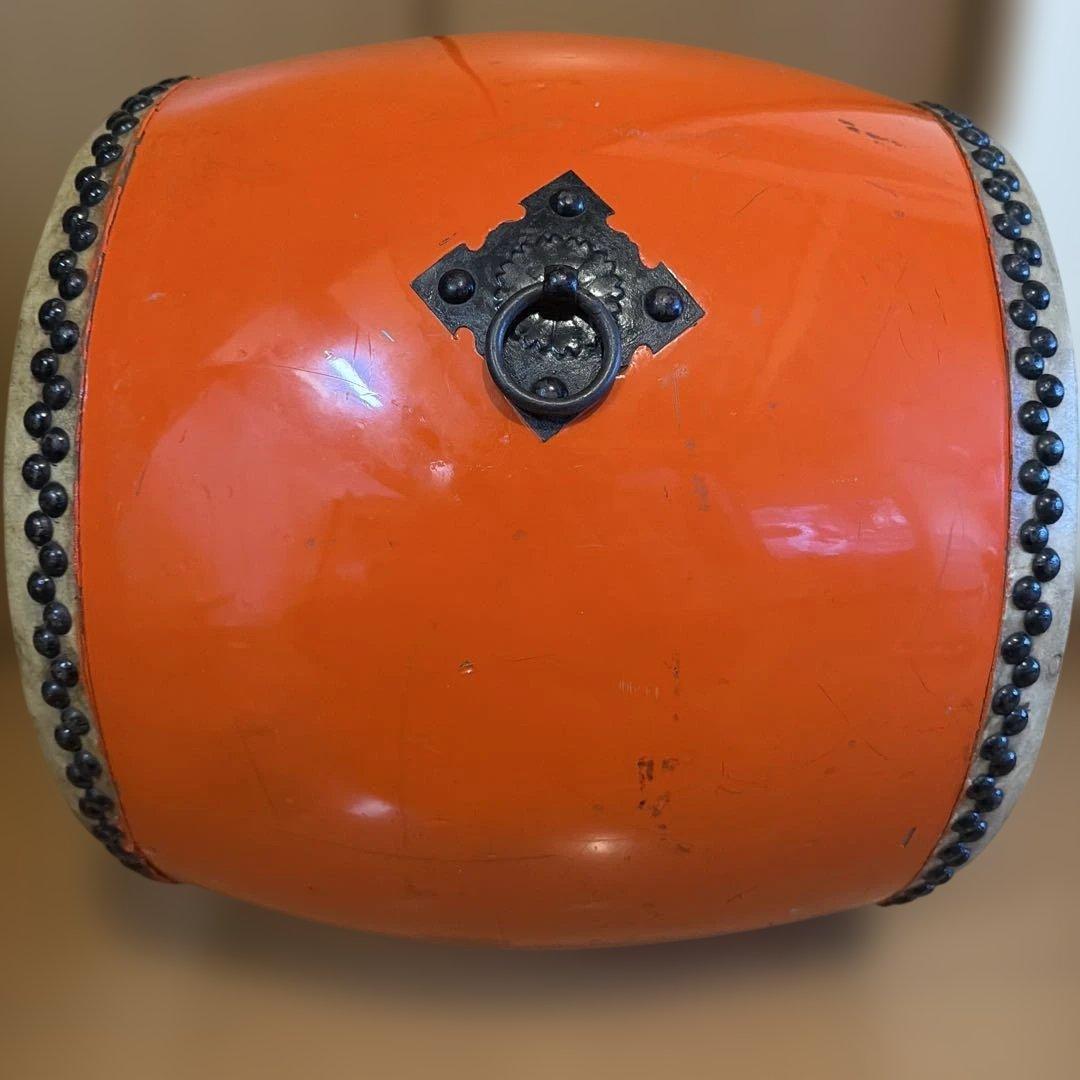 【銘板あり】平胴太鼓（宮太鼓） 岡田屋鳴物店　橙色 アンティーク