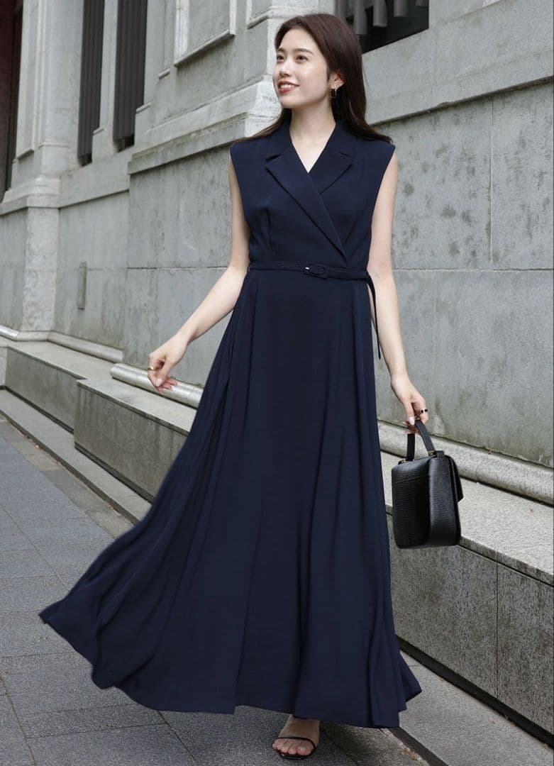 anuans　アニュアンス　ダブルサテンテーラードフレアワンピース