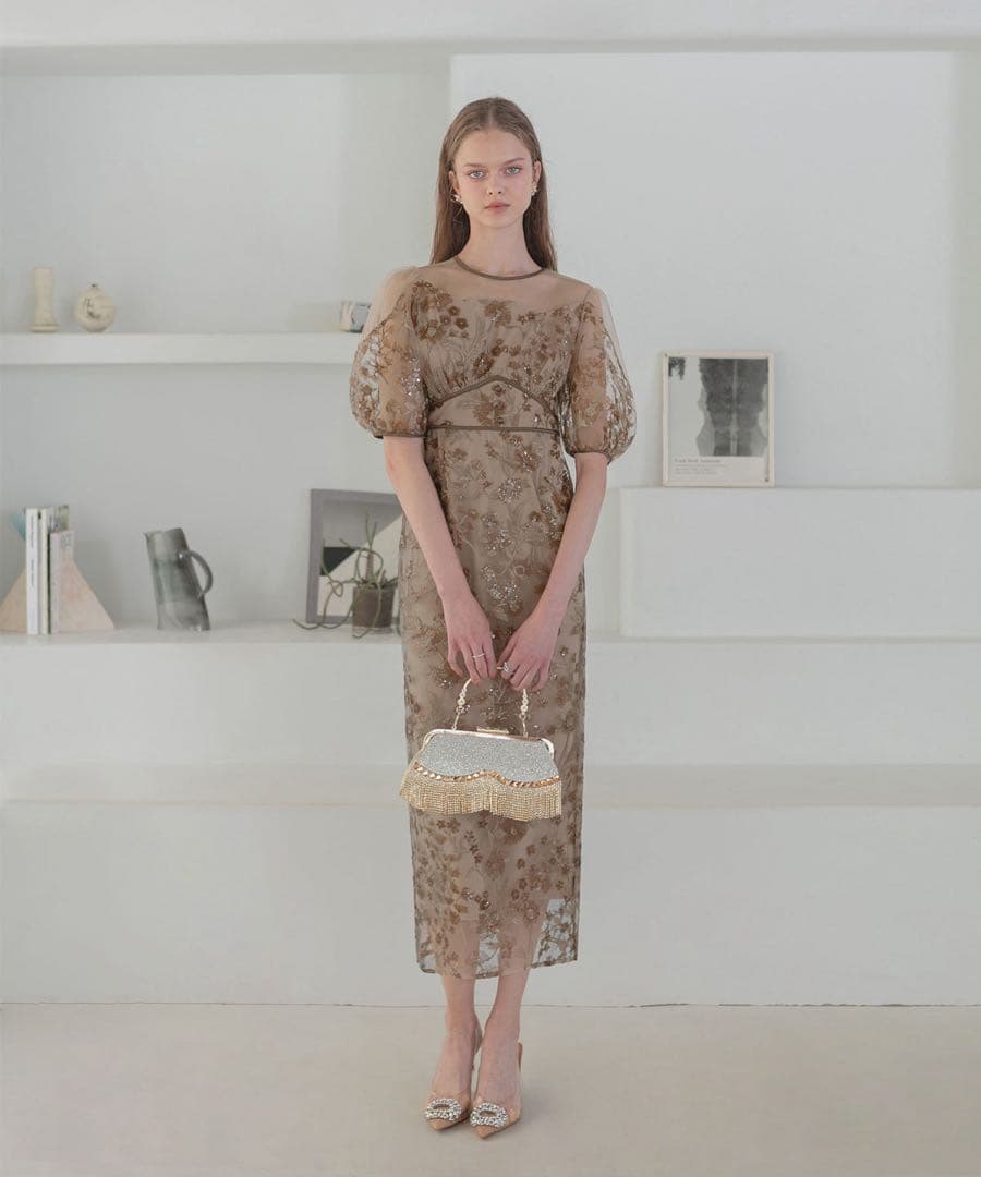 Leja フラワーディテールパフスリーブ ワンピースドレス結婚式二次会成人式