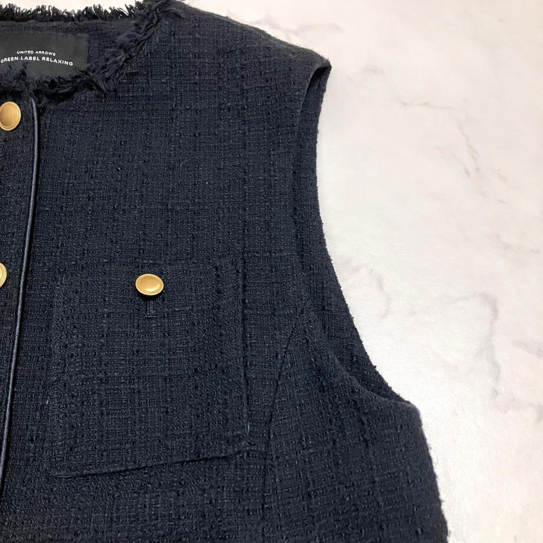 ツイードフリンジポケットベスト　ツイードベスト　ネイビー　金ボタン　セレモニー