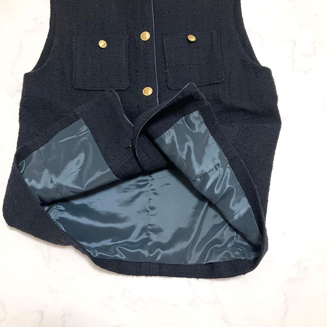 ツイードフリンジポケットベスト　ツイードベスト　ネイビー　金ボタン　セレモニー