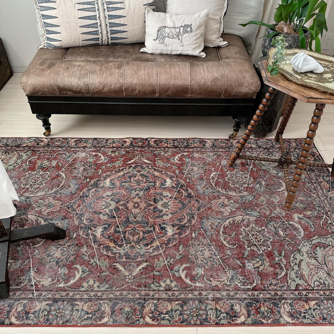 トルコヴィンテージラグ A67 ブラウンレッド ネイビー セージグリーン