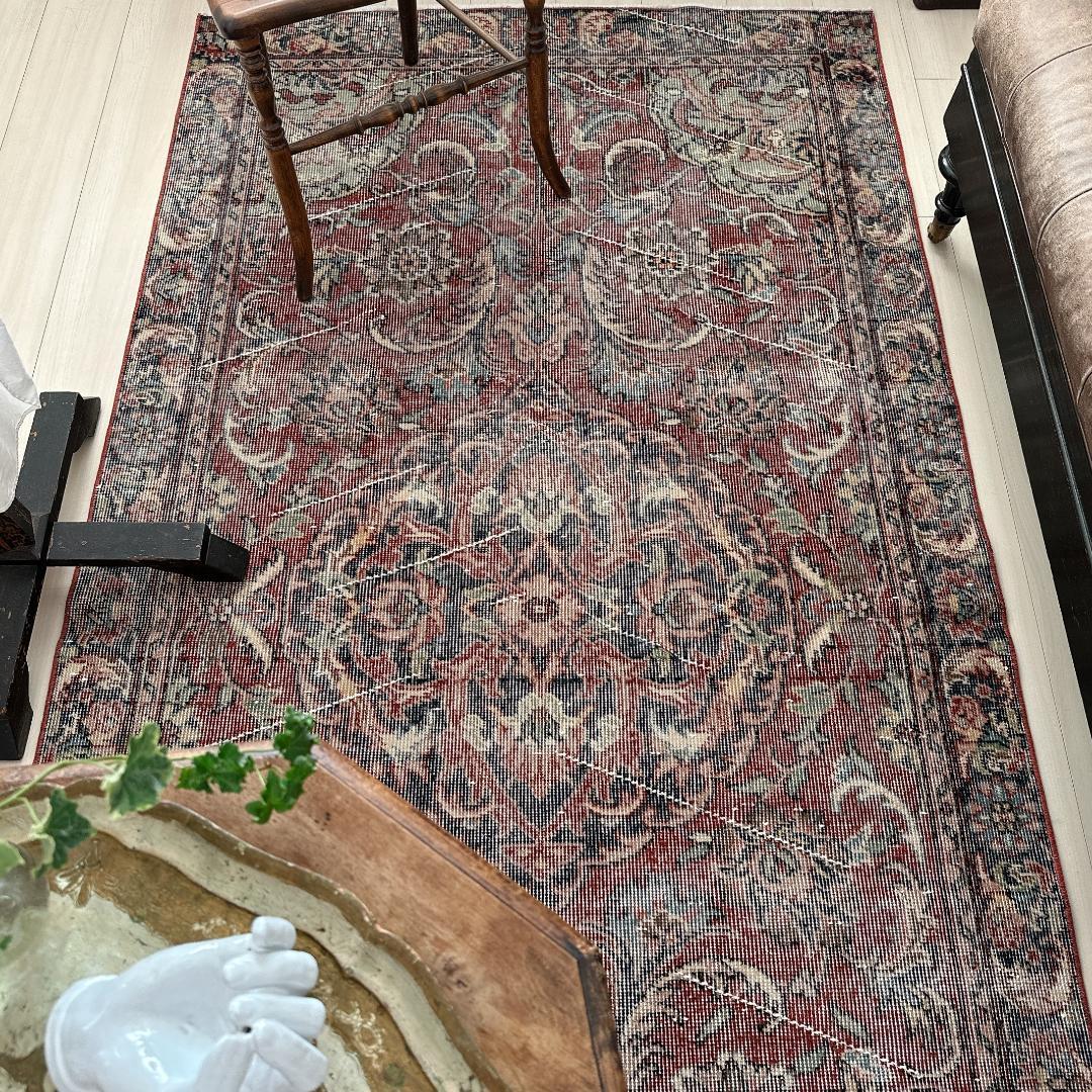 トルコヴィンテージラグ A67 ブラウンレッド ネイビー セージグリーン