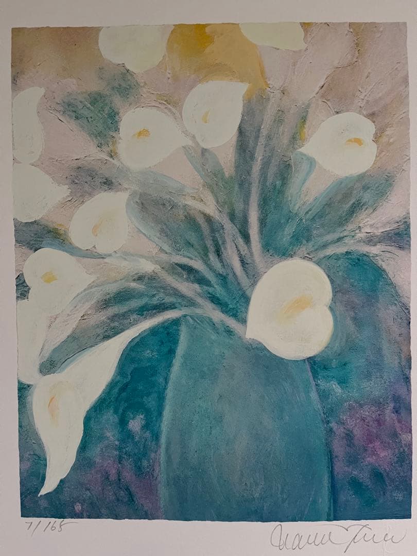 新品額入ジクレー　限定版画　直筆サイン、ED、証明書有　ジニー・キム　白い花