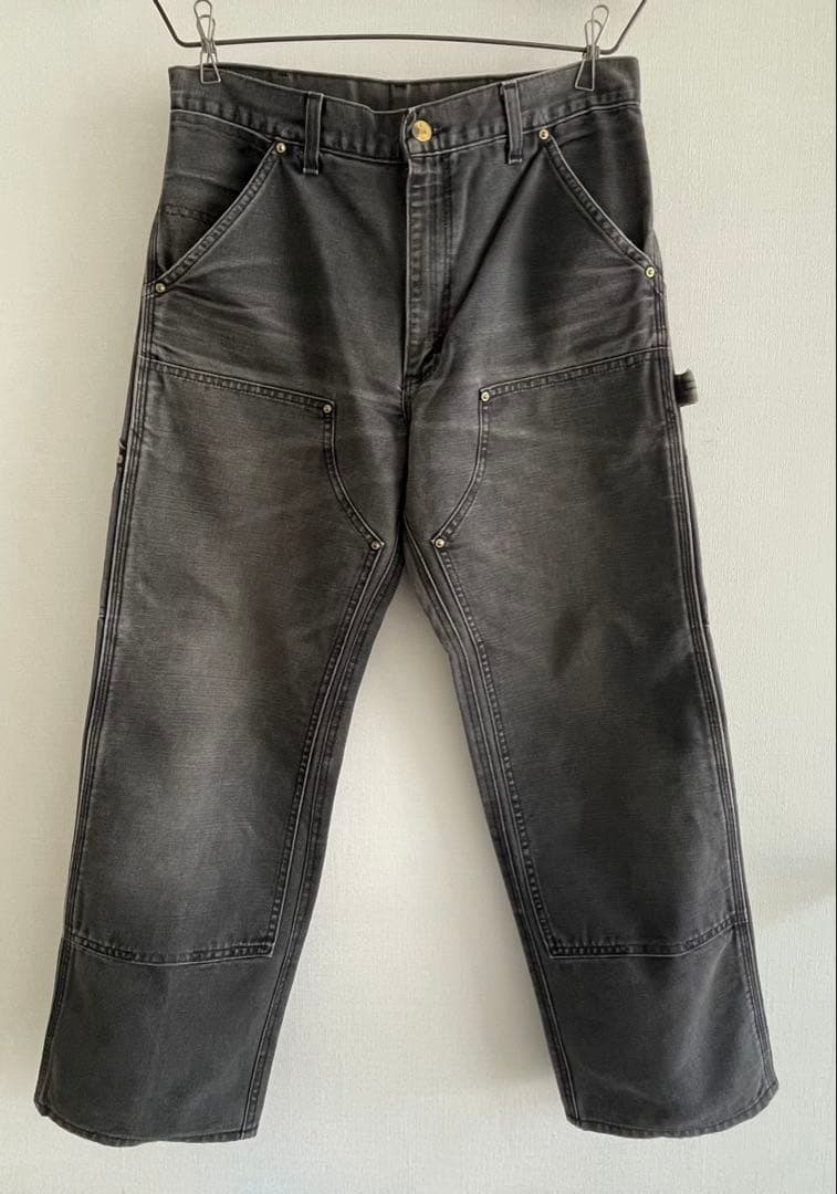 90sカーハートUSA製carharttダブルニー黒ワークパンツダック地フェード