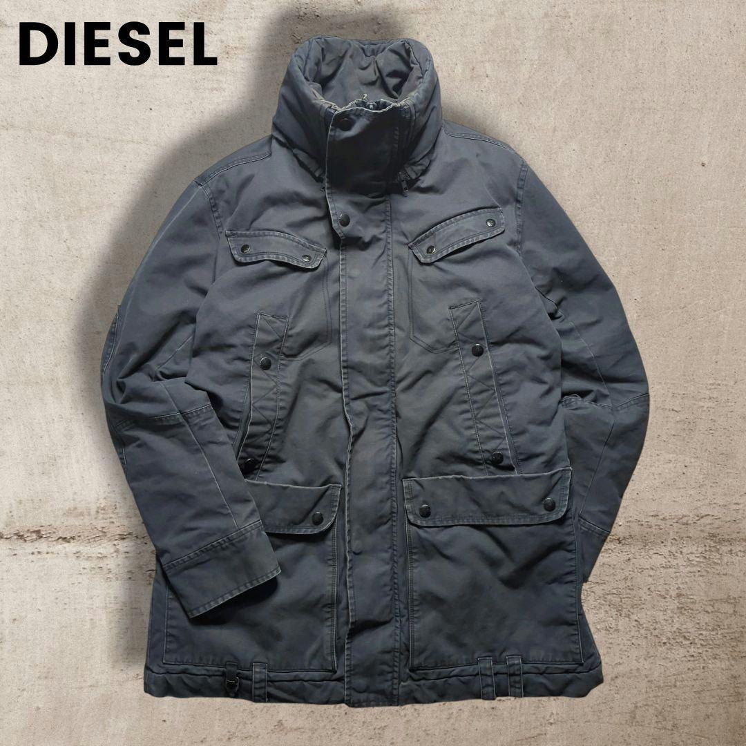 DIESELディーゼル中綿ミリタリージャケットXXLフード付フェードグレー雰囲気