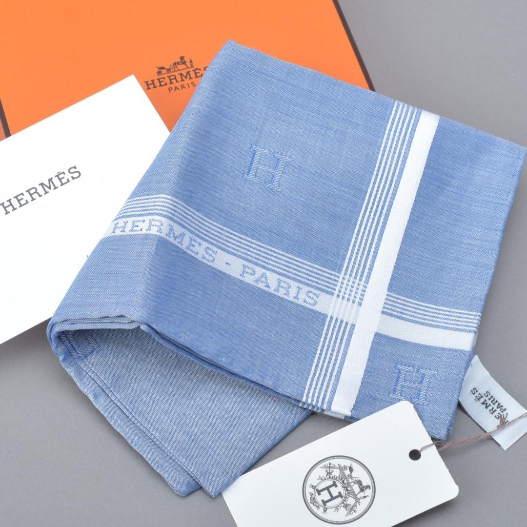 新品エルメス HERMES ハンカチ Hレリーフ ブルーシエル×ホワイト Hロゴ