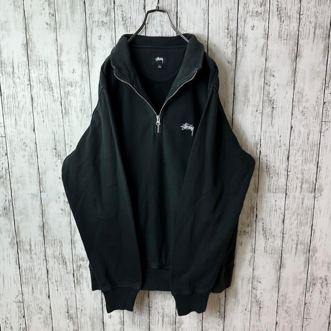 ステューシー ハーフジップ スウェット 黒 ブラック L モックネック ホワイト