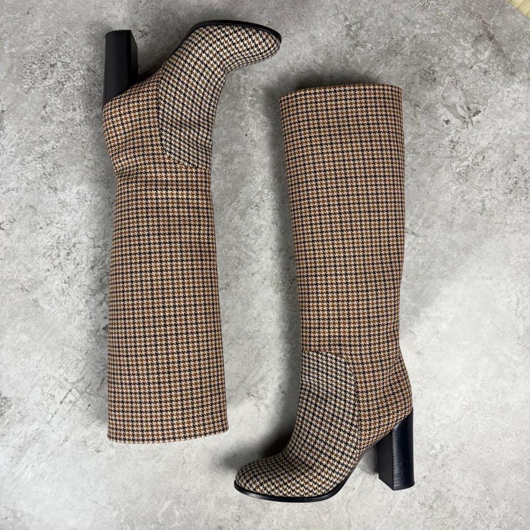 セリーヌ　CELINE ロングブーツ　36 チェック　ウール　ブラウン