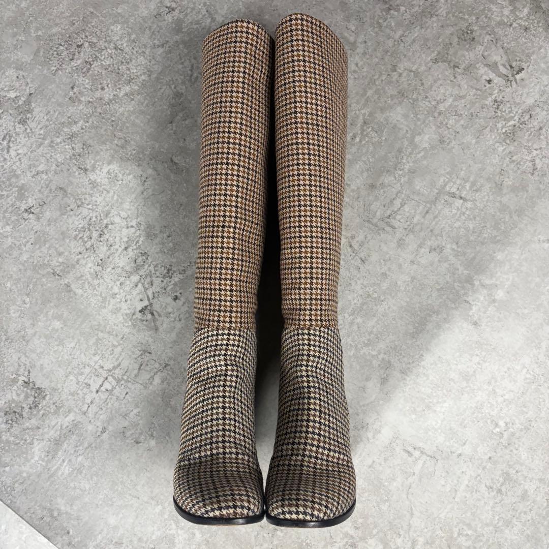 セリーヌ　CELINE ロングブーツ　36 チェック　ウール　ブラウン