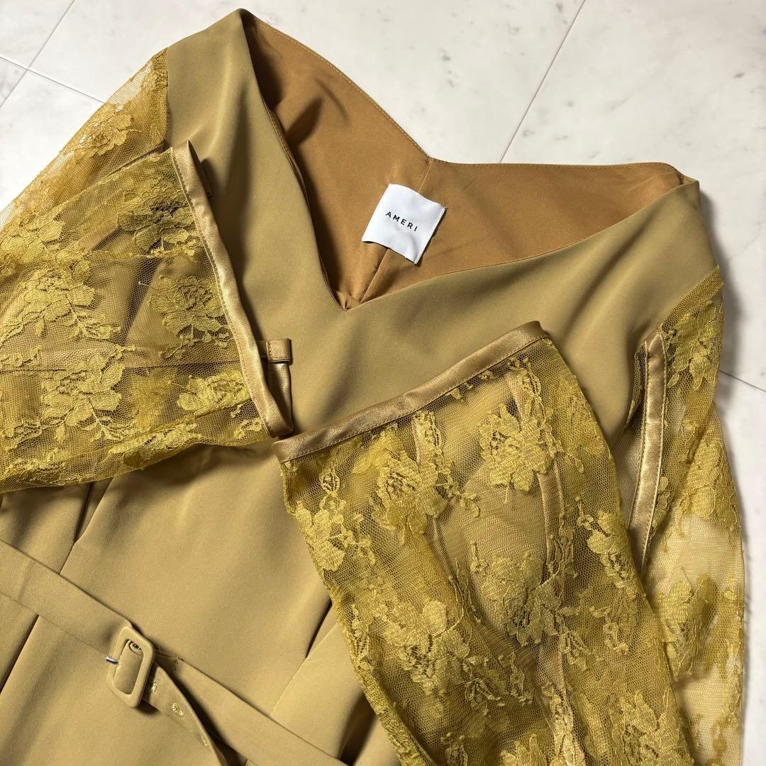 新品同様 アメリ AMERI レーススリーブロングドレス マスタード ベルト付き